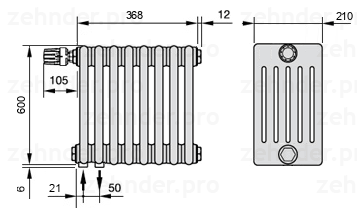 Схема (чертеж) Радиатор Zehnder Charleston 6060/8 №V001 Белый глянцевый RAL 9016